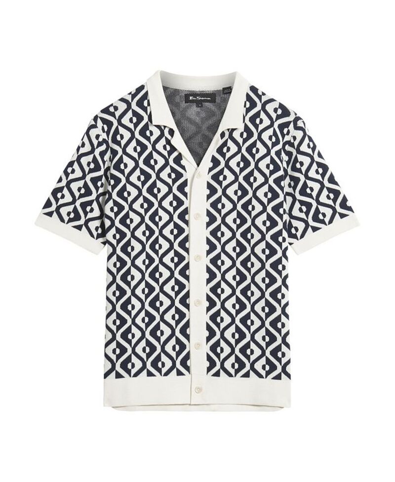 【送料無料】 ベンシャーマン メンズ シャツ トップス Men's Tile Jacquard Resort Knitted Short Sleeve Shirt Ivory
