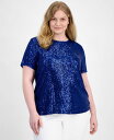【送料無料】 アンクライン レディース シャツ トップス Plus Size Sequin-Embellished Short-Sleeve Top Santorini Blue(4)