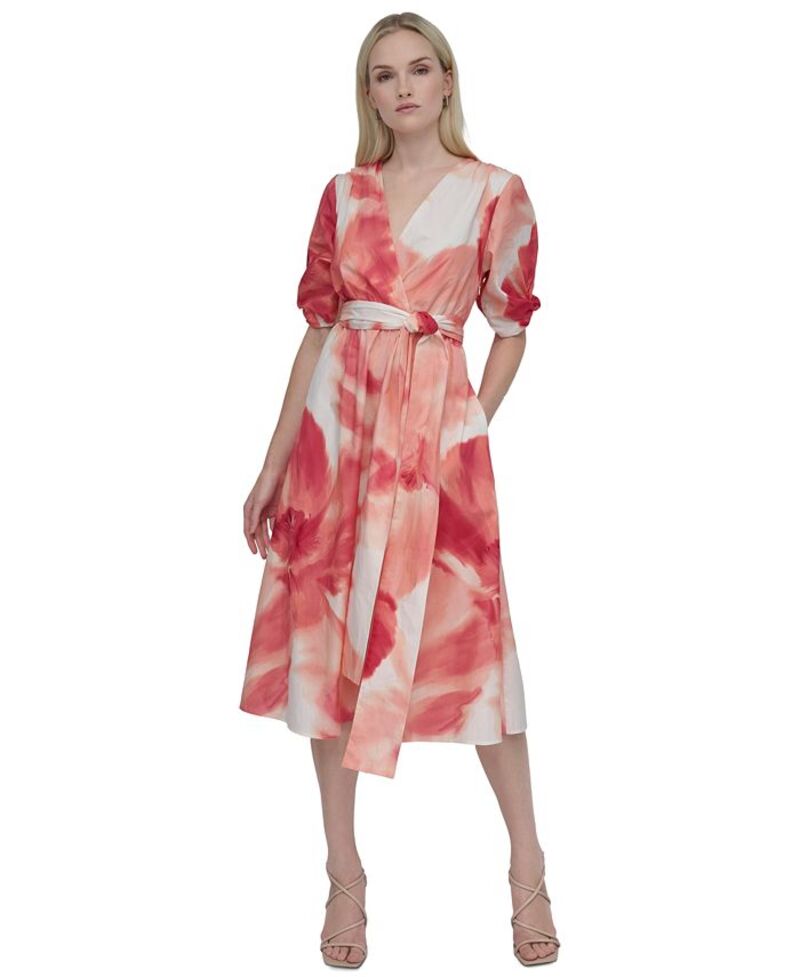 【送料無料】 ダナ キャラン ニューヨーク レディース ワンピース トップス Petite Cotton Surplice-Neck Fit & Flare Dress Watermelon Sugar Multi