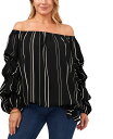 【送料無料】 ヴィンスカムート レディース シャツ トップス Plus Size Striped Off-The-Shoulder Bubble 3/4-Sleeve Tie-Front Blouse Rich Black(4)