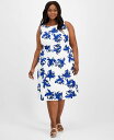 【送料無料】 アンクライン レディース ワンピース トップス Plus Size Floral-Print Linen-Blend Fit & Flare Dress Santorini Blue Multi