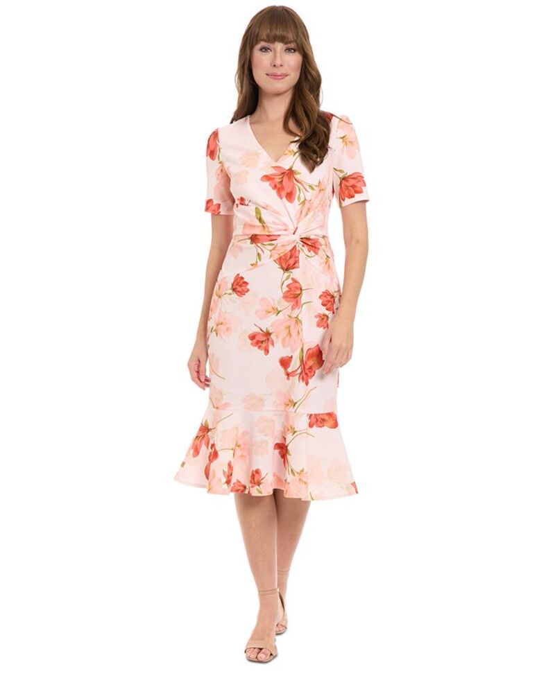 【送料無料】 ロンドンタイムス レディース ワンピース トップス Petite Floral-Print Side-Knot Fit & Flare Dress Ivory Peach