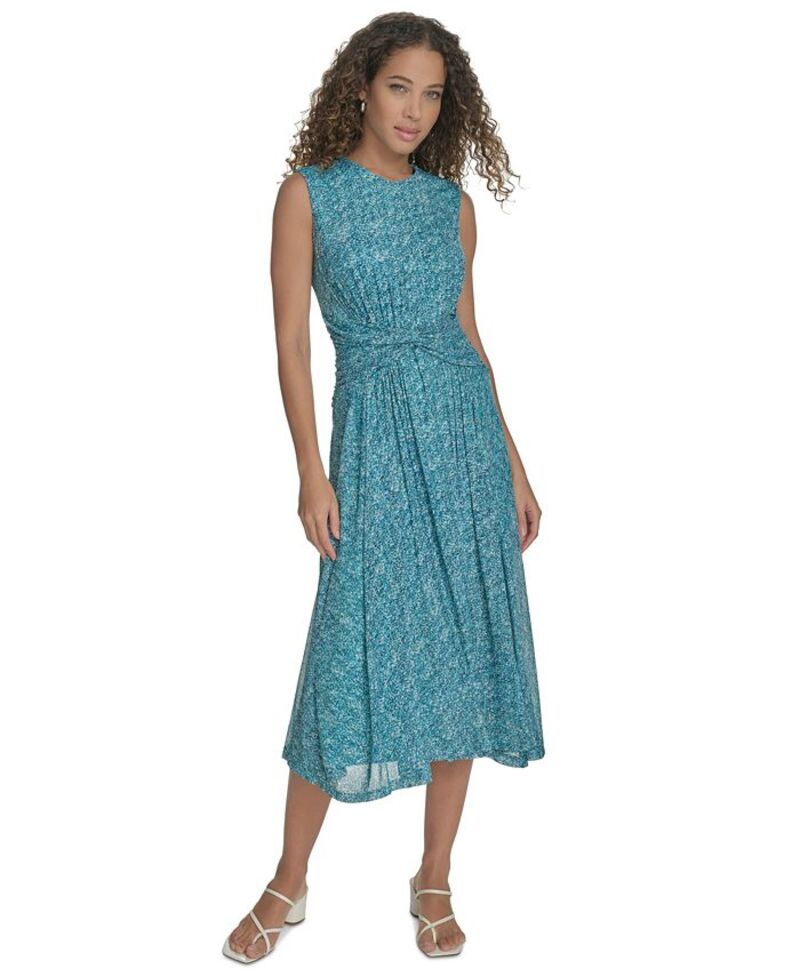【送料無料】 カルバンクライン レディース ワンピース トップス Women's Printed Ruched-Waist Midi Dress Lake Multi