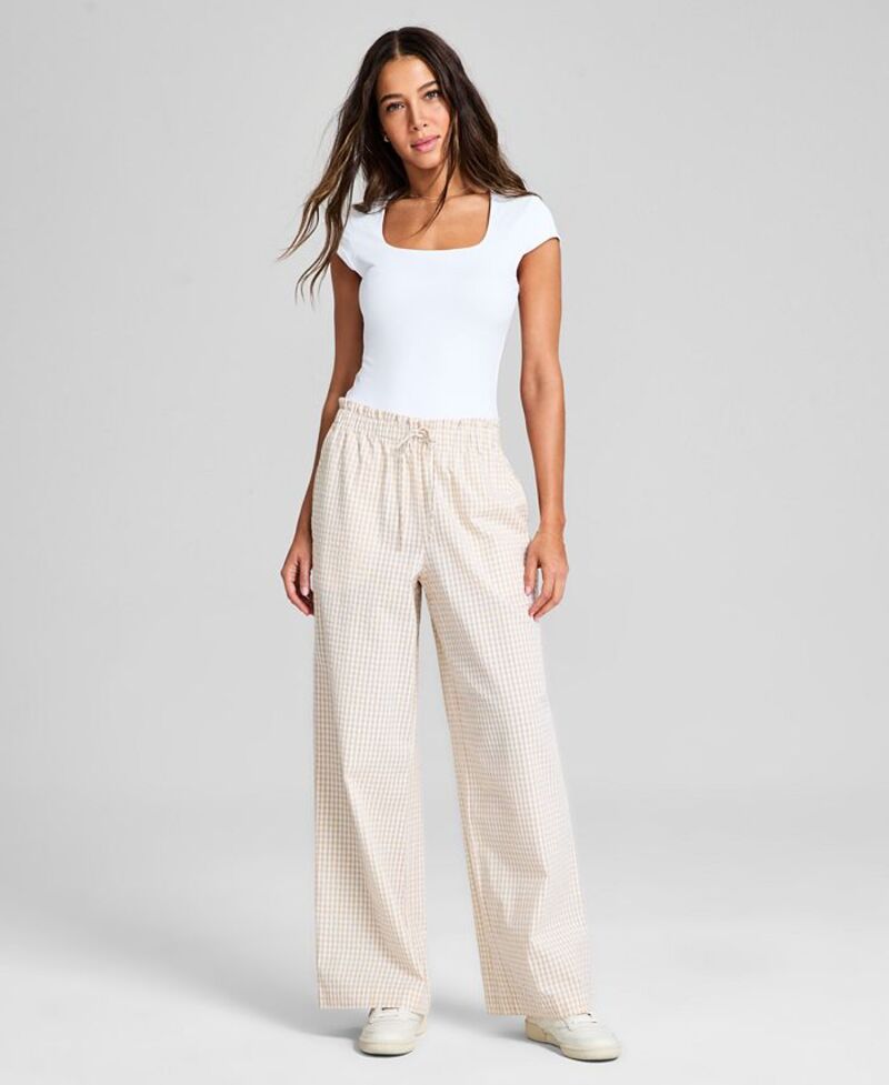 【送料無料】 アンドノウディス レディース カジュアルパンツ ボトムス Women's Cotton Tie-Waist Wide-Leg Pants Tan Gingham