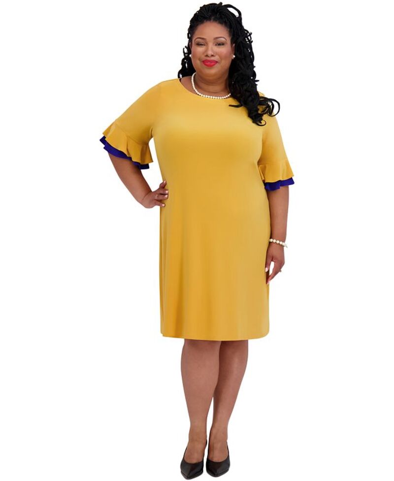 【送料無料】 カスパール レディース ワンピース トップス Women's Ruffle-Sleeve Shift Dress Regular & Plus Size Gold Signature/royal Signature