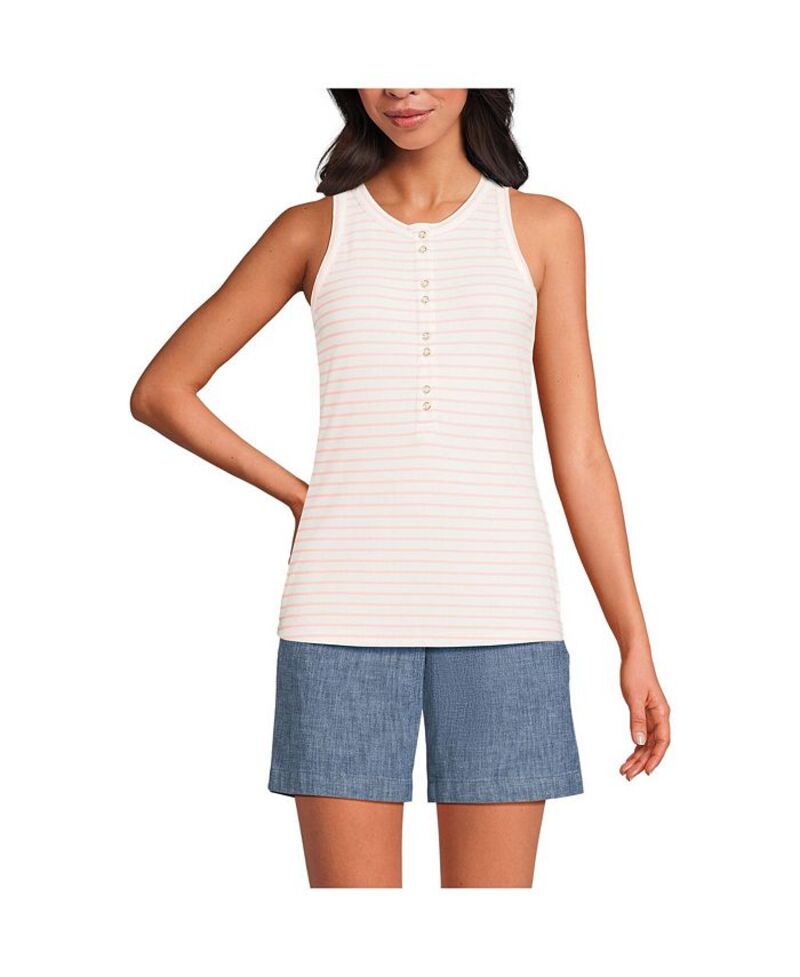 【送料無料】 ランズエンド レディース シャツ トップス Women's Drapey Rib Fitted Henley Tank Top Ivory/sunset coral pink stripe