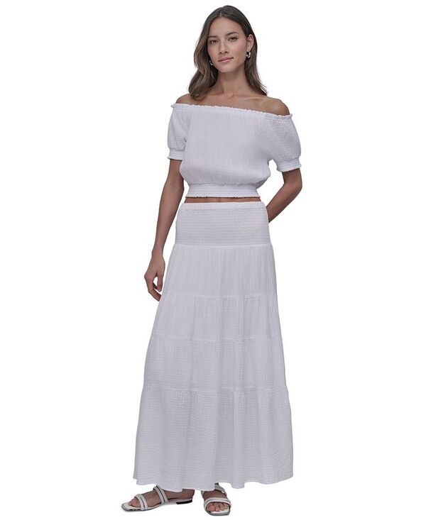 【送料無料】 ダナキャランニューヨーク レディース スカート ボトムス Petite Cotton Smocked-Waist Tiered Maxi Skirt White