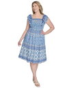 【送料無料】 エリザジェイ レディース ワンピース トップス Plus Size Printed Square-Neck Cap-Sleeve Dress Bl...