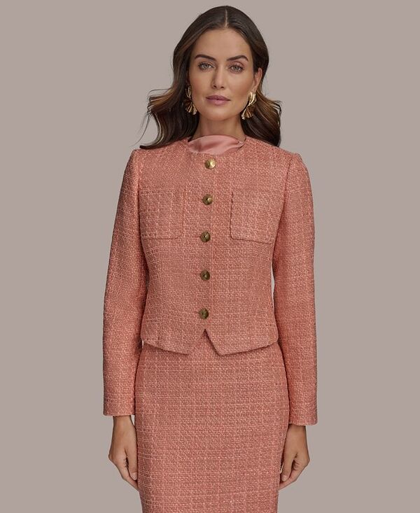 【送料無料】 ダナ キャラン ニューヨーク レディース ジャケット・ブルゾン アウター Women's Collarless Tweed Blazer Apricot