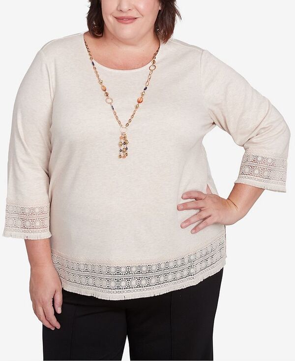 【送料無料】 アルフレッド ダナー レディース シャツ トップス Plus Size Summer Solstice Lace Trimmed Knit Top with Necklace Oatmeal