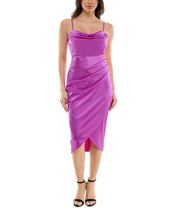 【送料無料】 エメラルドサンデー レディース ワンピース トップス Juniors' Draped Sleeveless Satin Bodycon Dress Grape