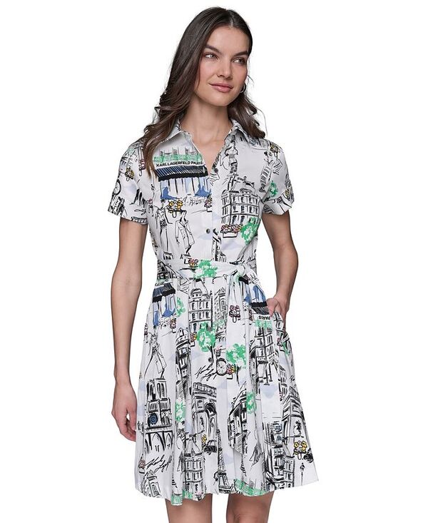 【送料無料】 カール ラガーフェルド レディース ワンピース トップス Women's Scenic-Printed Shirtdress Soft White & Chambray