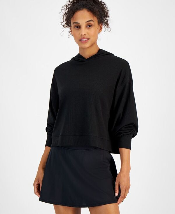 【送料無料】 イデオロギー レディース パーカー・スウェット アウター Women's Ribbed Drop-Shoulder Hoodie Black Night