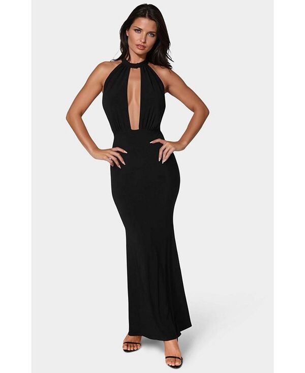 【送料無料】 ベベ レディース ワンピース トップス Women's Plunge Neck Halter Floor Length Dress Black