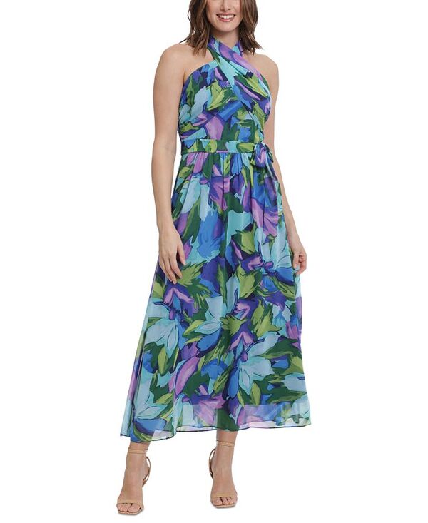 【送料無料】 ロンドンタイムス レディース ワンピース トップス Women's Floral-Print Wrap-Neck Tie-Front Halter Maxi Dress Aqua/Royal