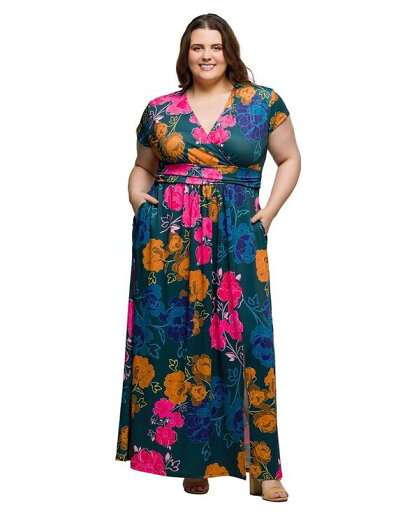 【送料無料】 24セブンコンフォート レディース ワンピース トップス Plus Size Cap Sleeve V-Neck Side Slit Pocket Maxi Dress Green Multi 【送料無料】 24セブンコンフォート レディース ワンピース トップス Plus Size Cap Sleeve V-Neck Side Slit Pocket Maxi Dress Green Multi