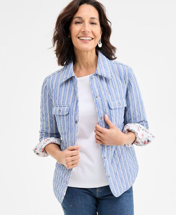 【送料無料】 スタイルアンドコー レディース ジャケット・ブルゾン アウター Petite Patricia Reversible Quilted Cotton Shacket Stp Blue E