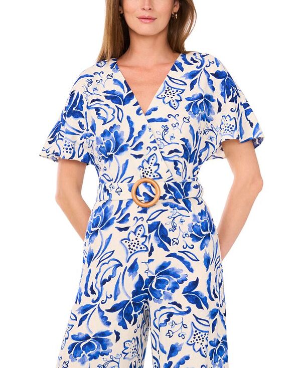 【送料無料】 ミスク レディース ジャンプスーツ トップス Women's Printed Flutter Sleeve Wide-Leg Jumpsuit Turtledove