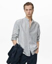 【送料無料】 マンゴ メンズ シャツ トップス Men's Striped Mandarin-Collar Linen Shirt Dark Navy