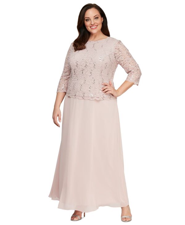 【送料無料】 アレックスイブニングス レディース ワンピース トップス Plus Sequined Scalloped Edge Lace Top Gown Shell Pink