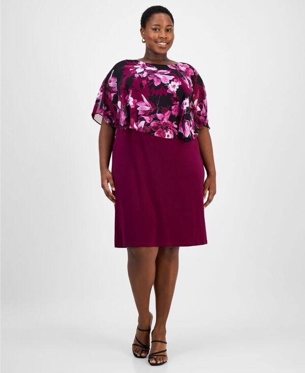 【送料無料】 コネクテッド レディース ワンピース トップス Plus Size Floral-Print Capelet Sheath Dress Magenta
