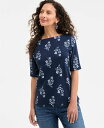 【送料無料】 スタイルアンドコー レディース シャツ トップス Petite Striped Elbow-Sleeve T-Shirt Dinner Blue(4)