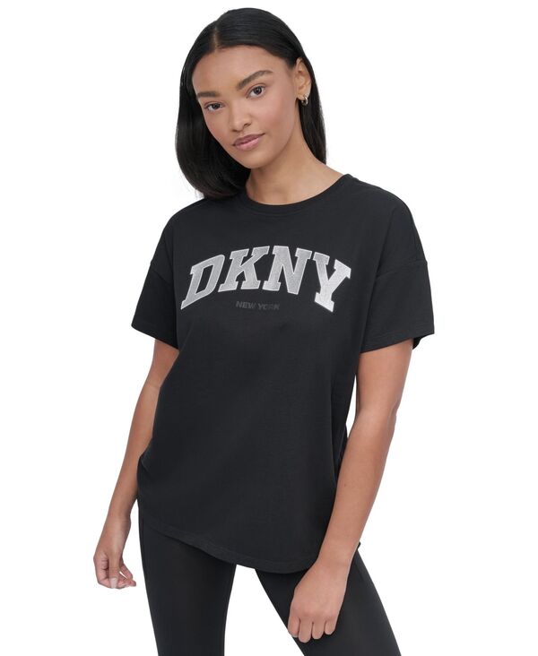 【送料無料】 ダナ キャラン ニューヨーク レディース Tシャツ トップス Women's Glitter Logo Varsity T-Shirt Black