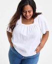 【送料無料】 スタイルアンドコー レディース シャツ トップス Plus Size Smocked-Square-Neck Short-Sleeve Cotton Top Bright White(4)