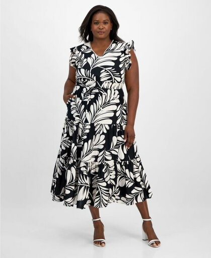 【送料無料】 アンクライン レディース ワンピース トップス Plus Size Printed V-Neck Ruffled Midi Dress Anne Black/Egret 【送料無料】 アンクライン レディース ワンピース トップス Plus Size Printed V-Neck Ruffled Midi Dress Anne Black/Egret