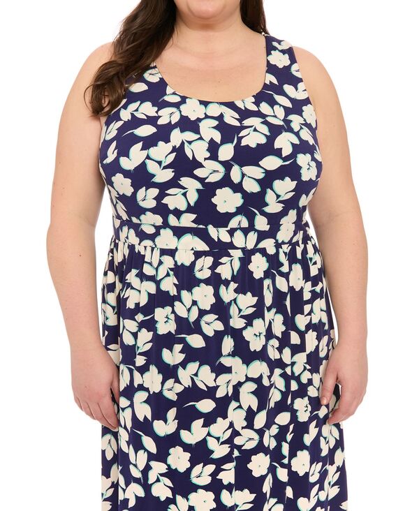 【送料無料】 ロンドンタイムス レディース ワンピース トップス Plus Size Scoop-Neck Sleeveless Maxi Dress Navy White