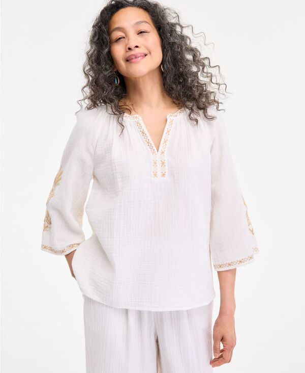 【送料無料】 スタイルアンドコー レディース シャツ トップス Petite Cotton Embroidered Flare-Sleeve Top Shiitake