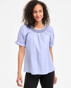 【送料無料】 スタイルアンドコー レディース シャツ トップス Women's Cotton Contrast-Stitch Puff-Sleeve Top Summer Blue