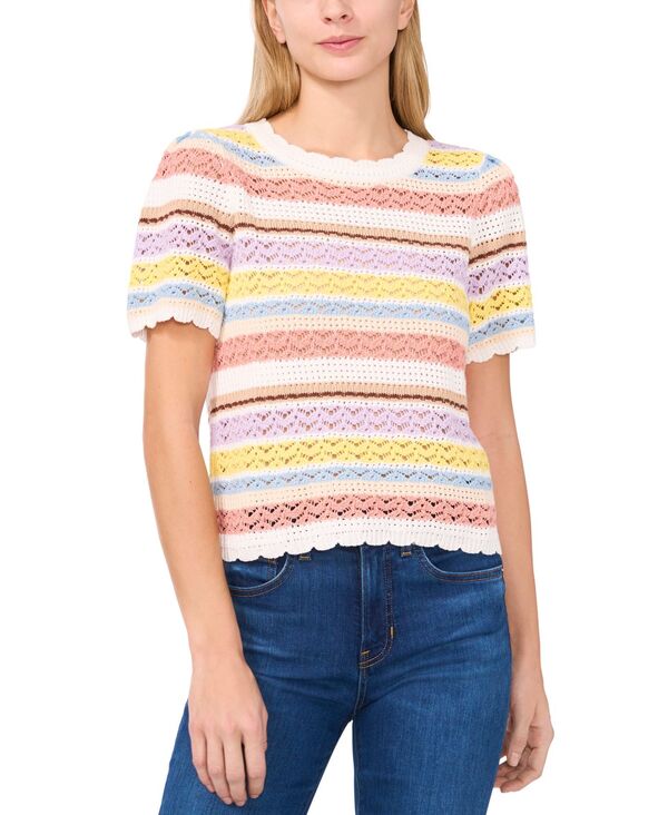セセ レディース アウター ニット・セーター 半袖 コットン CeCe Women's Pointelle Stripe Short-Sleeve Cotton Sweater Antique White ホワイト