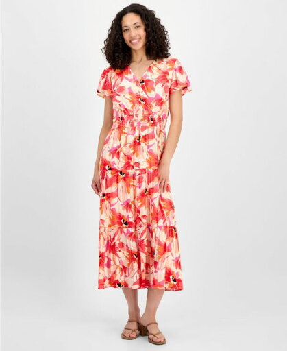 【送料無料】 ティンセル レディース ワンピース トップス Petite Print Short-Sleeve Maxi Dress Pink Orange Floral 【送料無料】 ティンセル レディース ワンピース トップス Petite Print Short-Sleeve Maxi Dress Pink Orange Floral