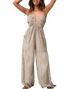 【送料無料】 カップシー レディース ジャンプスーツ トップス Women's Striped Plunge Loose Leg Jumpsuit Beige/...