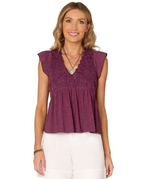 【送料無料】 デモクラシー レディース シャツ トップス Petite Embroidered Cotton Flutter-Sleeve Top Passion Fruit