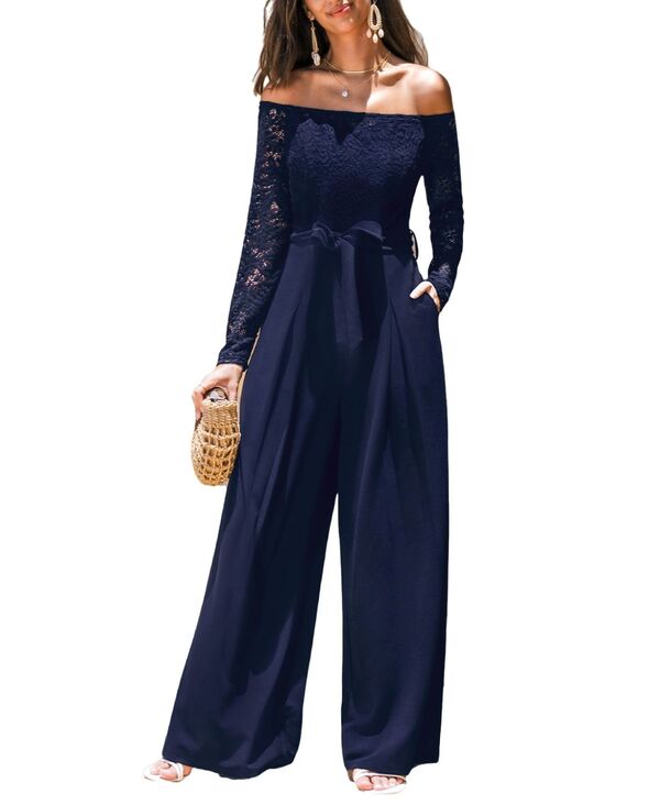 【送料無料】 カップシー レディース カジュアルパンツ ボトムス Women's Elegant Lace Off-Shoulder Wide-Leg Jumpsuit Dark blue