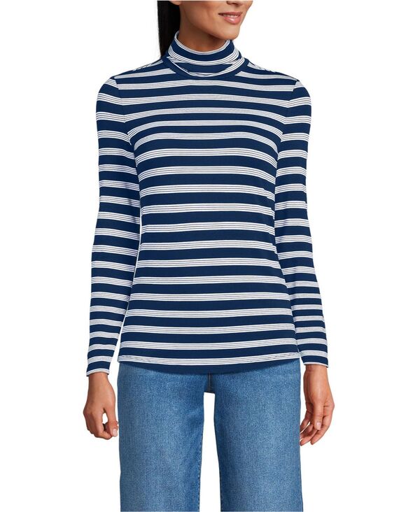 【送料無料】 ランズエンド レディース シャツ トップス Women's Lightweight Jersey Skimming Long Sleeve Turtleneck Deep sea navy quad stripe