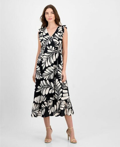 【送料無料】 アンクライン レディース ワンピース トップス Women's Printed Sleeveless V-Neck Midi Dress Anne Black/Egret 【送料無料】 アンクライン レディース ワンピース トップス Women's Printed Sleeveless V-Neck Midi Dress Anne Black/Egret