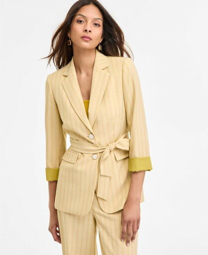 【送料無料】 タハリエーエスエル レディース ジャケット・ブルゾン アウター Women's Pinstriped Notched Collar Belted Blazer Ochre 【送料無料】 タハリエーエスエル レディース ジャケット・ブルゾン アウター Women's Pinstriped Notched Collar Belted Blazer Ochre