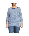 【送料無料】 ランズエンド レディース シャツ トップス Plus Size Supima Cotton Adjustable 3/4 Sleeve Boatneck Tunic Cobalt/ivory micro stripe