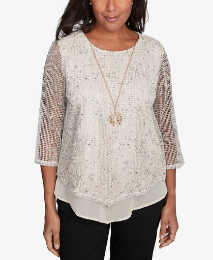 【送料無料】 アルフレッド ダナー レディース シャツ トップス Petite Natural Instinct Popcorn Mesh Speckled Top With Necklace Tan 【送料無料】 アルフレッド ダナー レディース シャツ トップス Petite Natural Instinct Popcorn Mesh Speckled Top With Necklace Tan