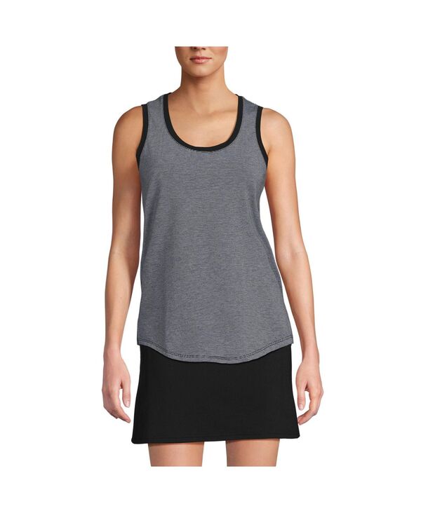【送料無料】 ランズエンド レディース シャツ トップス Women's Tall Sleeveless Power Performance Scoop Neck Curved Hem Tunic Tank Black pinstripe