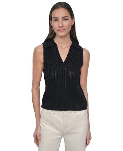 【送料無料】 ダナキャランニューヨーク レディース ニット・セーター アウター Women's Lacey Stitch Collared Sleeveless Sweater BLK - BLACK 【送料無料】 ダナキャランニューヨーク レディース ニット・セーター アウター Women's Lacey Stitch Collared Sleeveless Sweater BLK - BLACK