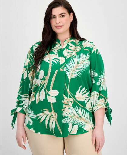 【送料無料】 アンクライン レディース ワンピース トップス Plus Size Printed 3/4-Sleeve Top Tropical Green Multi 【送料無料】 アンクライン レディース ワンピース トップス Plus Size Printed 3/4-Sleeve Top Tropical Green Multi