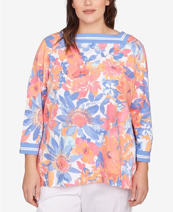 【送料無料】 ルビーアールディー レディース シャツ トップス Plus Size Floral Striped Trim Top Periwinkle Multi