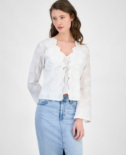【送料無料】 ゲス レディース シャツ トップス Women's Long-Sleeve Embroidered Tie-Front Top Pure White 【送料無料】 ゲス レディース シャツ トップス Women's Long-Sleeve Embroidered Tie-Front Top Pure White