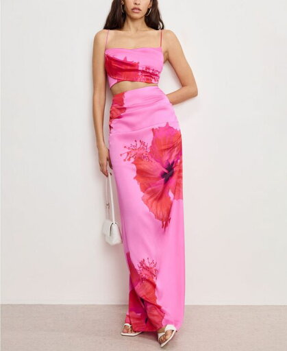【送料無料】 グッドアメリカン レディース スカート ボトムス Women's Satin Placed-Floral Maxi Skirt Pink Hibiscus 【送料無料】 グッドアメリカン レディース スカート ボトムス Women's Satin Placed-Floral Maxi Skirt Pink Hibiscus