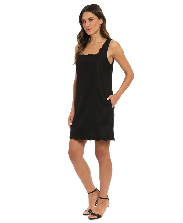 【送料無料】 ロンドンタイムス レディース ワンピース トップス Petite Square-Neck Scallop-Trim Shift Dress Black