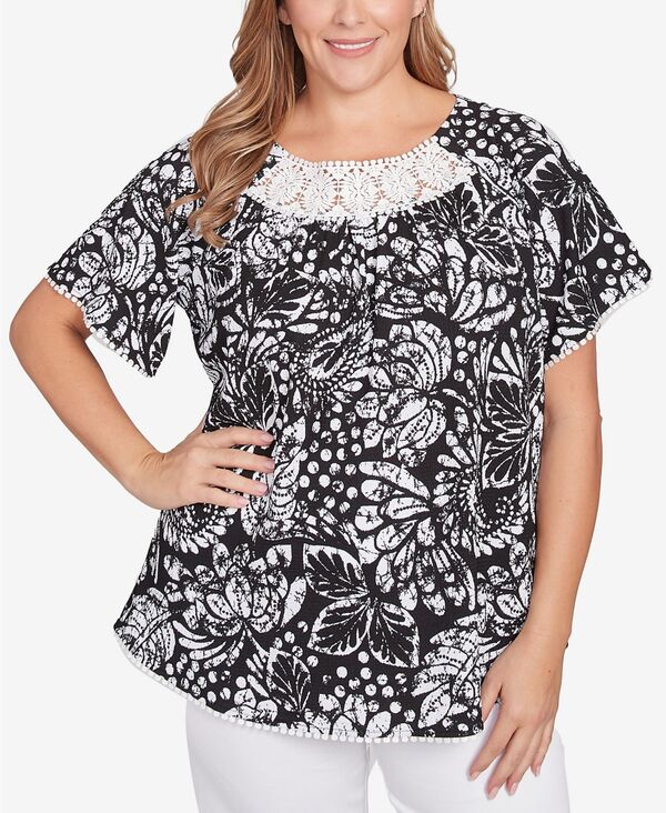 【送料無料】 ルビーアールディー レディース シャツ トップス Plus Size Batik Island Paisley Lace Neck Top Black/White
